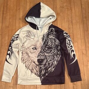 Men's Black and White Wolf Graphic Hoodie, smaller than men’s med